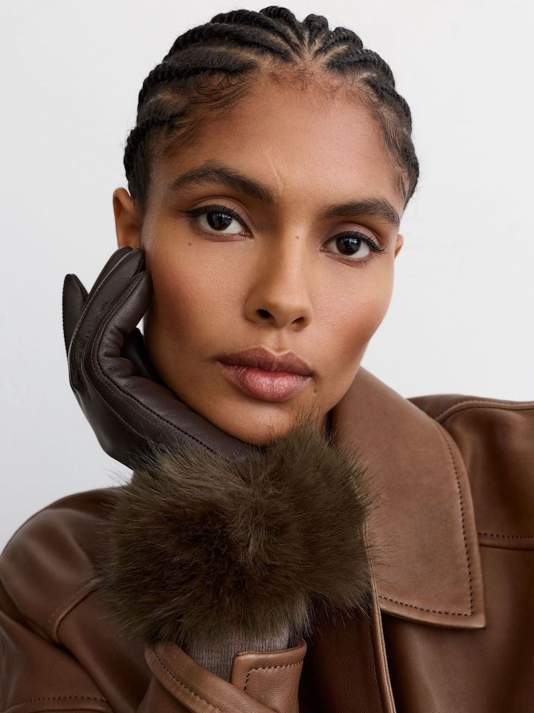 Reiss Chocolate Giovana Leather Faux-Fur Cuff Gloves - Image 1 of 3