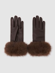 Reiss Chocolate Giovana Leather Faux-Fur Cuff Gloves - Image 2 of 3