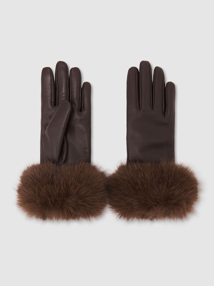 Reiss Chocolate Giovana Leather Faux-Fur Cuff Gloves - Image 2 of 3