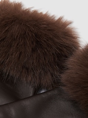 Reiss Chocolate Giovana Leather Faux-Fur Cuff Gloves - Image 3 of 3