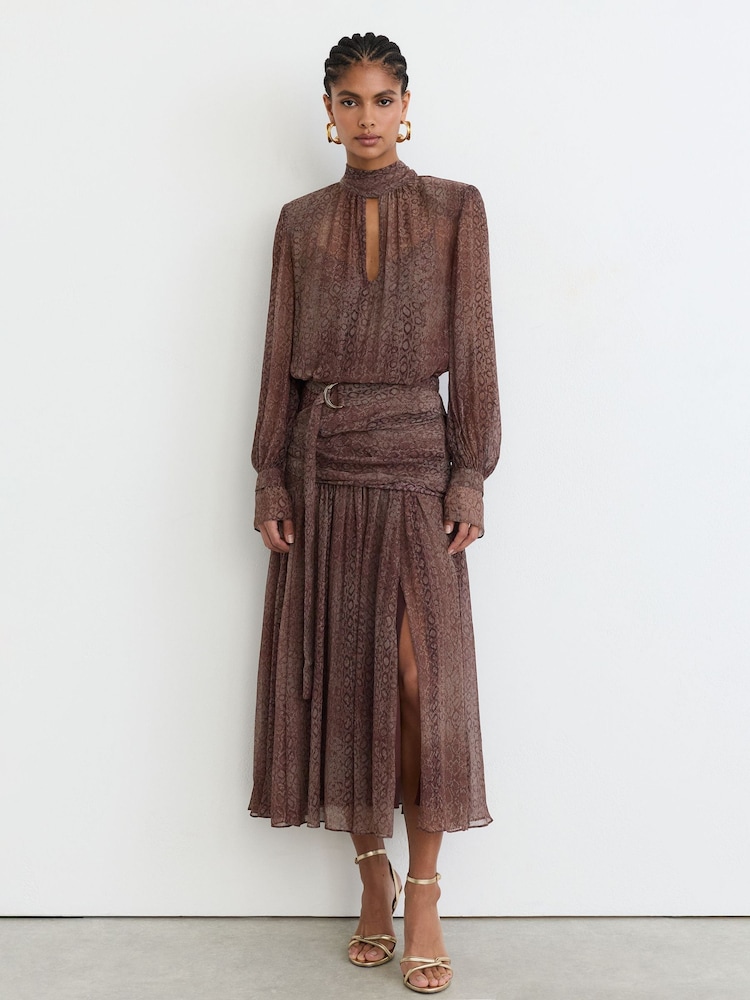Reiss Grape Burgundy Nica Snake-Print Belted Long-Sleeve Midi Dress - Image 1 of 9