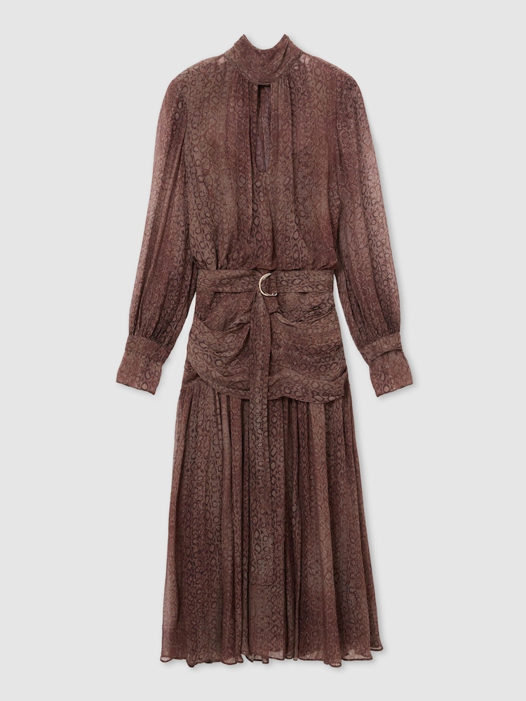 Reiss Grape Burgundy Nica Snake-Print Belted Long-Sleeve Midi Dress - Image 2 of 9