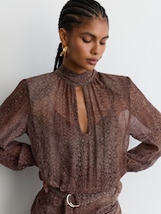 Reiss Grape Burgundy Nica Snake-Print Belted Long-Sleeve Midi Dress - Image 6 of 9