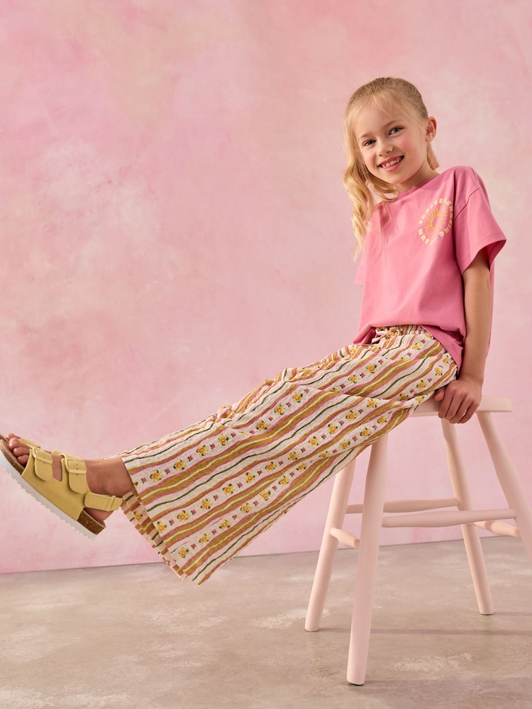Yellow/Floral Stripe Print Wide Leg Trousers (3-16yrs) - Image 3 of 3