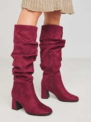 Simply Be Red Wide Fit Ruched Knee High Heeled Boots - Image 1 of 4