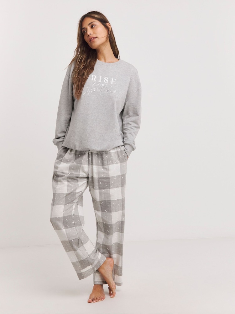 Simply Be Grey 100% Cotton Sweatshirt With Check Pyjamas Bottoms - Image 1 of 4