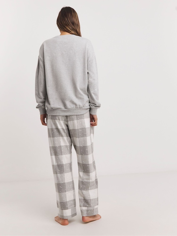 Simply Be Grey 100% Cotton Sweatshirt With Check Pyjamas Bottoms - Image 2 of 4