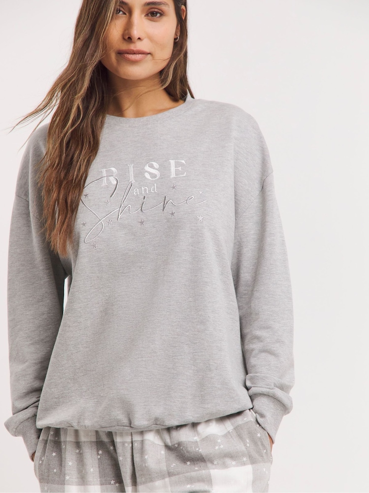 Simply Be Grey 100% Cotton Sweatshirt With Check Pyjamas Bottoms - Image 3 of 4