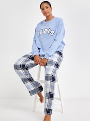 Simply Be Blue 100% Cotton Sweatshirt With Check Pyjamas Bottoms - Image 1 of 4