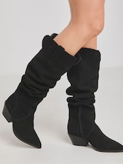 Simply Be Black Extra Wide Fit Over The Knee Multi Wear Suede Western Boots - Image 1 of 4