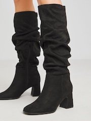 Simply Be Black Extra Wide Fit Ruched Knee High Heeled Boots With Super Curvy Calf - Image 1 of 4