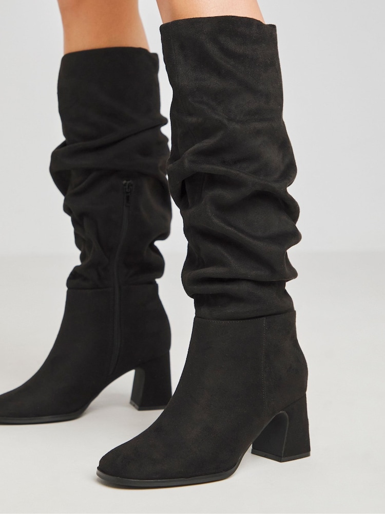 Simply Be Black Extra Wide Fit Ruched Knee High Heeled Boots With Super Curvy Calf - Image 1 of 4