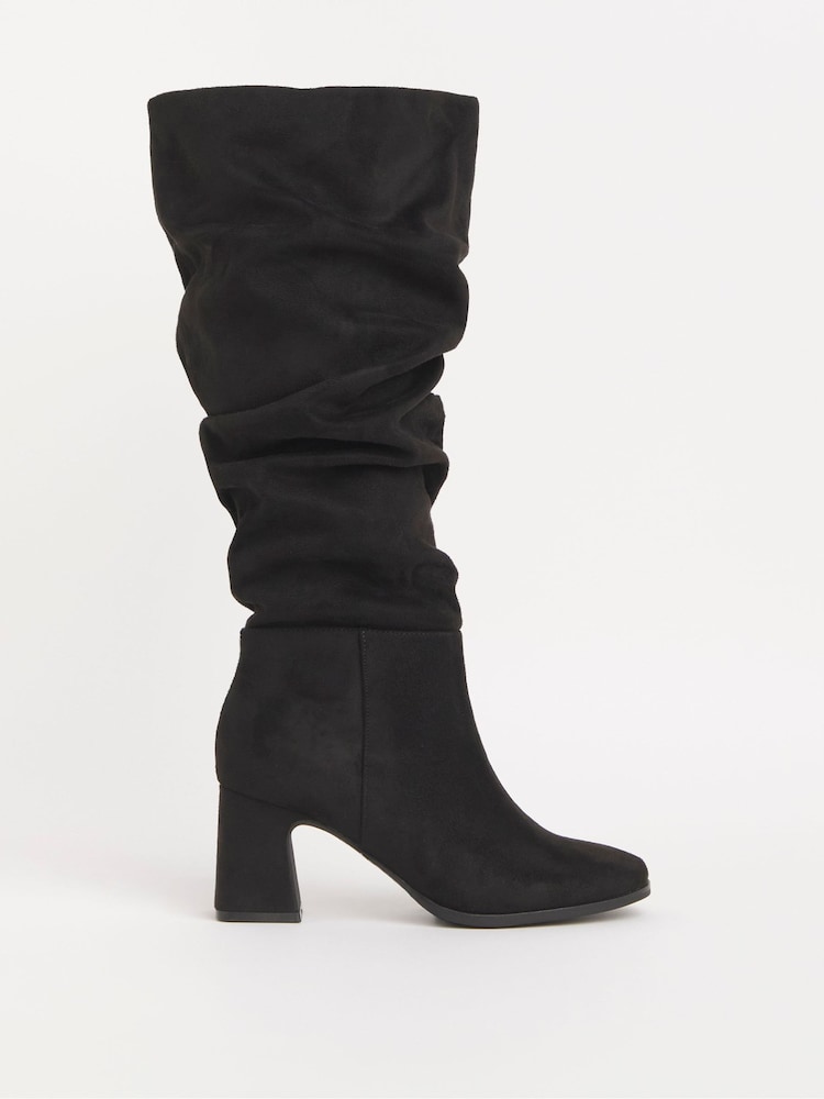 Simply Be Black Extra Wide Fit Ruched Knee High Heeled Boots With Super Curvy Calf - Image 4 of 4