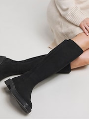 Simply Be Black Standard/Wide Fit Black Stretch Back Panel Flat Knee High Boots In Wide Fit' - Image 2 of 4