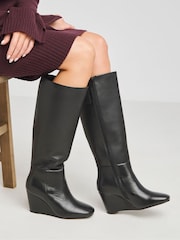 Simply Be Black Wedges Leather Slouch Knee High Boots in Wide Fit - Image 1 of 4