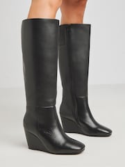 Simply Be Black Wedges Leather Slouch Knee High Boots in Wide Fit - Image 3 of 4