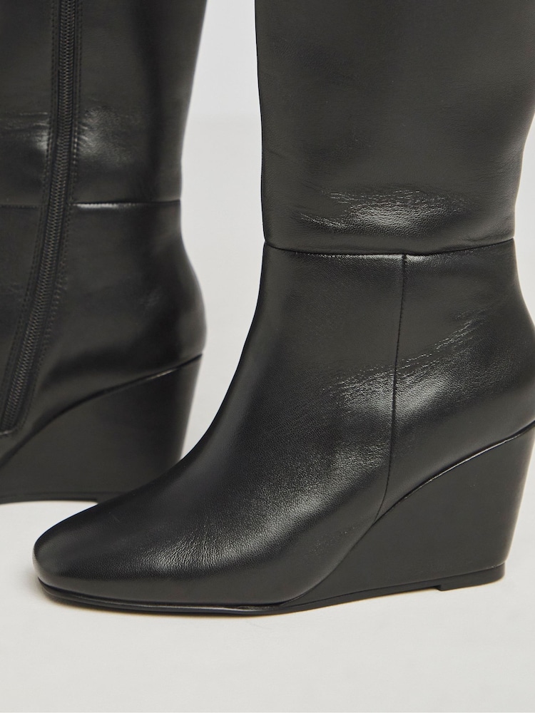 Simply Be Black Wedges Leather Slouch Knee High Boots in Wide Fit - Image 4 of 4