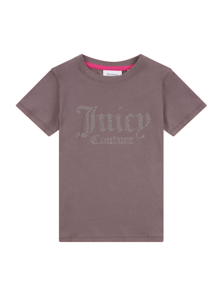 Juicy Couture Grey Girls Fitted Diamante 100% Cotton T-Shirt - Image 1 of 3