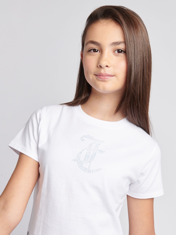 Juicy Couture White Girls Tonal Diamante Fitted 100% Cotton T-Shirt - Image 2 of 8