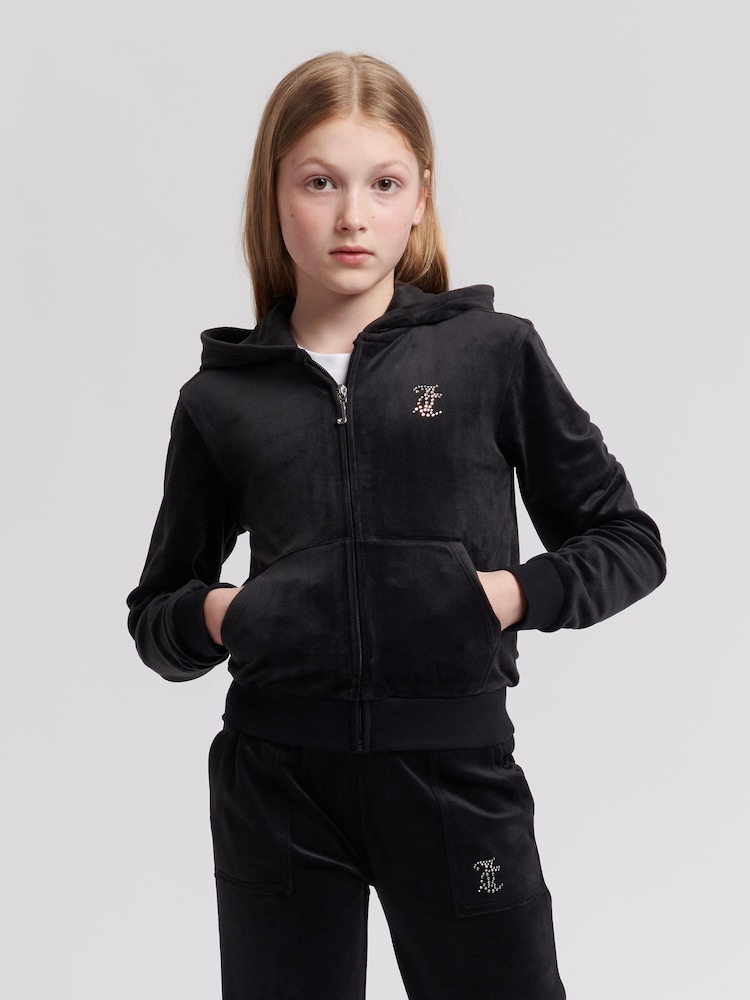 Juicy Couture Black Girls Mini Diamante Zip Hoodie - Image 1 of 4