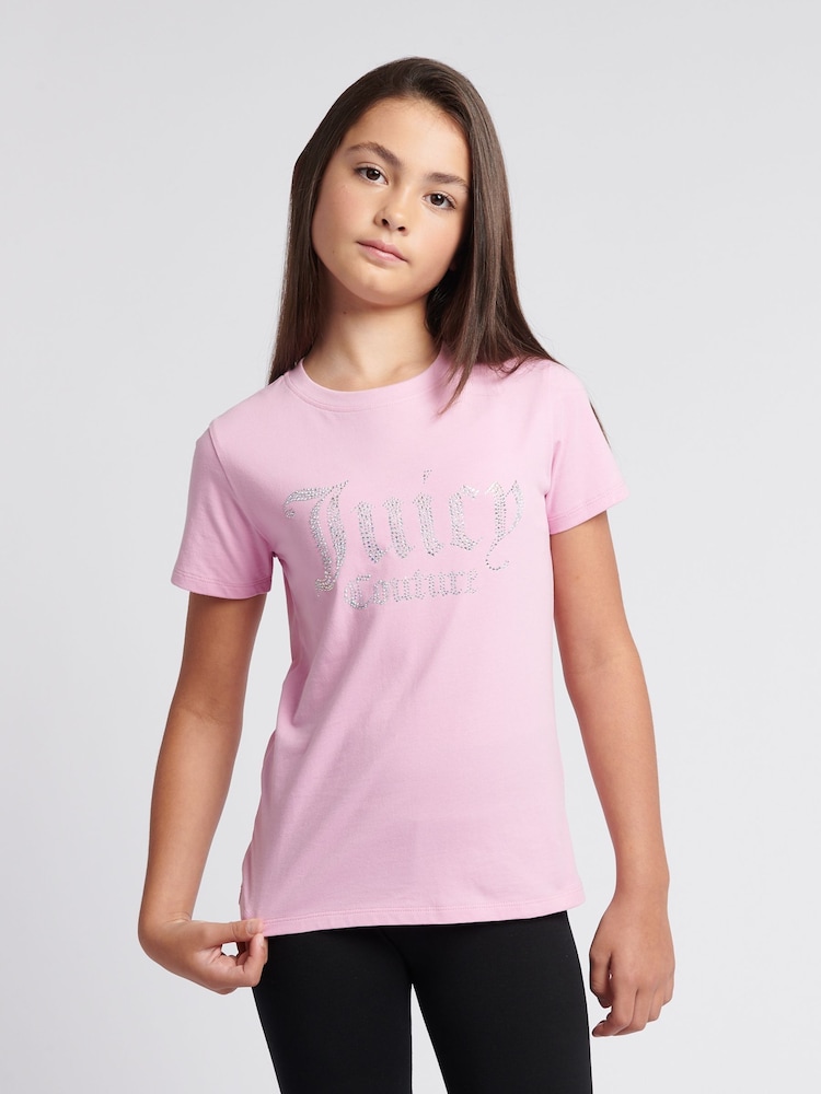 Juicy Couture Pink Girls Fitted Diamante 100% Cotton T-Shirt - Image 1 of 7