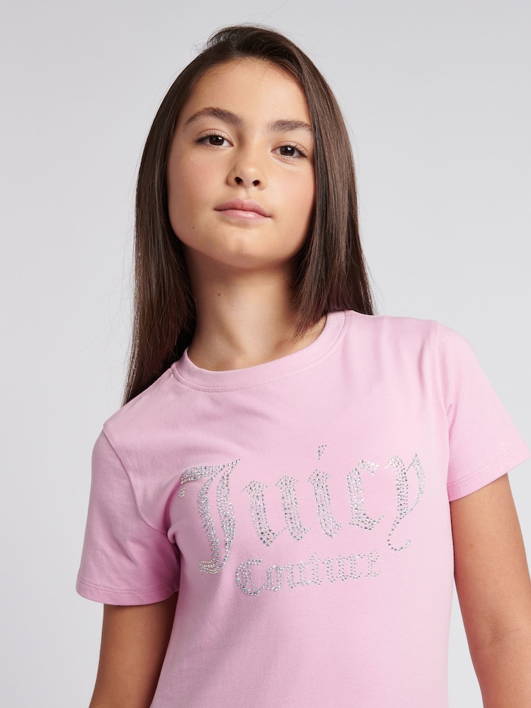 Juicy Couture Pink Girls Fitted Diamante 100% Cotton T-Shirt - Image 2 of 7