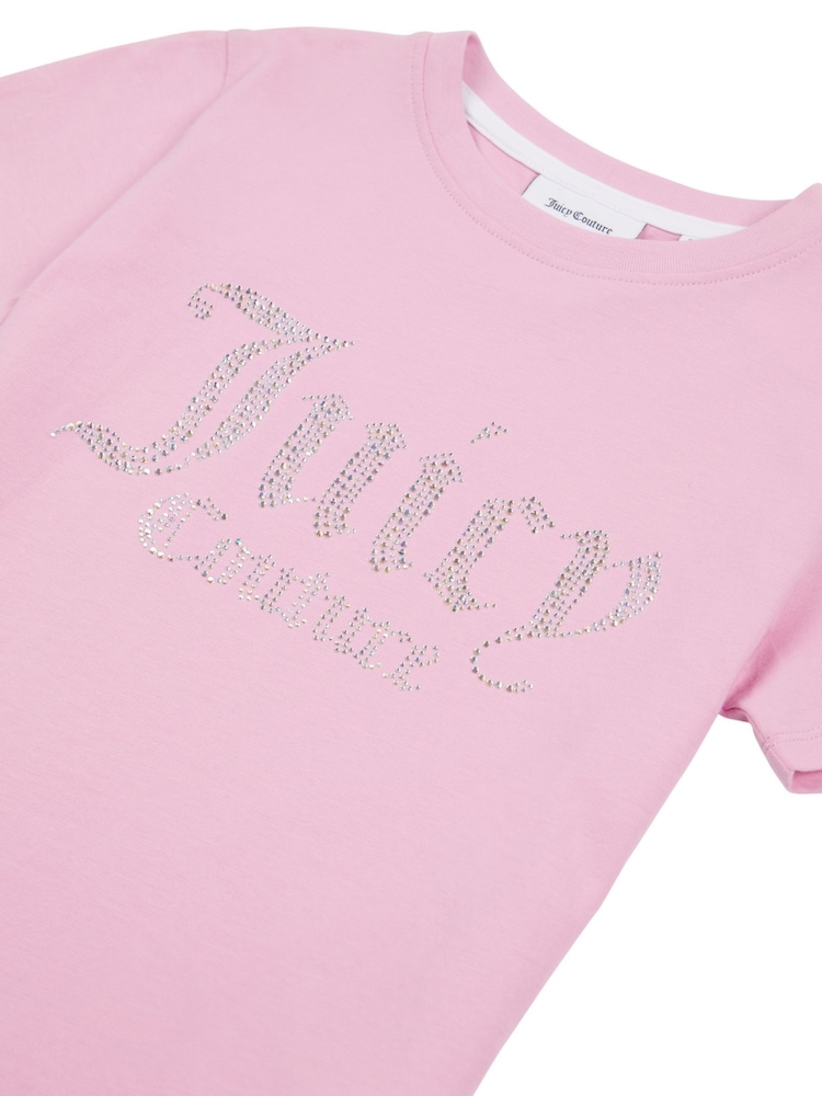 Juicy Couture Pink Girls Fitted Diamante 100% Cotton T-Shirt - Image 7 of 7