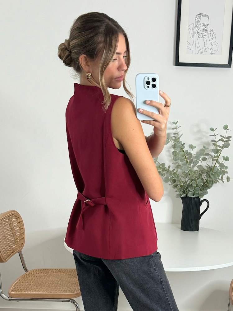 Style Cheat Red Rayne Round Neck Waistcoat With Gold Buttons - Image 2 of 4
