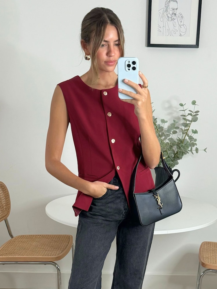 Style Cheat Red Rayne Round Neck Waistcoat With Gold Buttons - Image 4 of 4