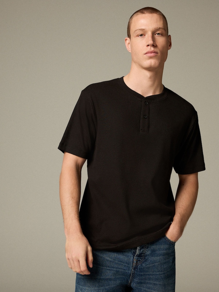 Black Ribbed Textured Grandad Neck T-Shirt - Image 1 of 7