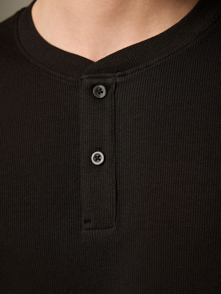 Black Ribbed Textured Grandad Neck T-Shirt - Image 2 of 7