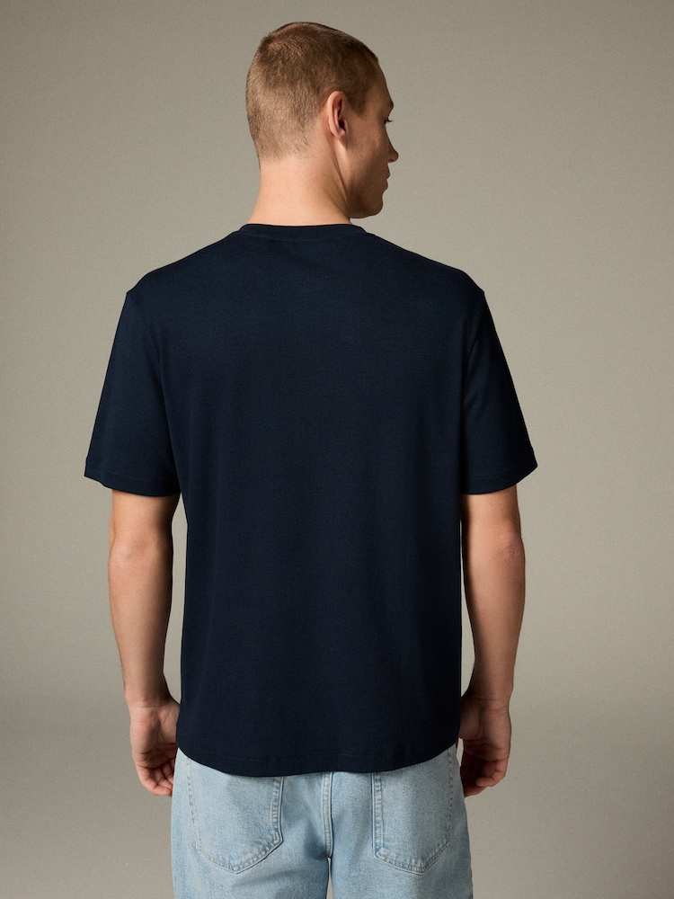 Donkerblauw - Ribbed Textured Grandad Neck T-Shirt - Image 4 of 9