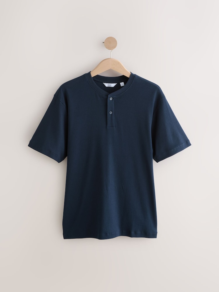 Donkerblauw - Ribbed Textured Grandad Neck T-Shirt - Image 7 of 9