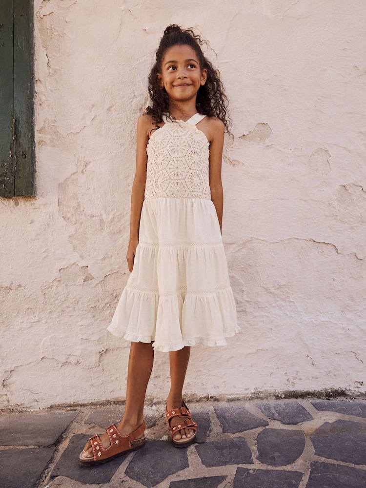 Ecru 100% Cotton Halter Next Crochet Trim Dress (3-16yrs) - Image 1 of 10
