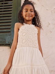 Ecru 100% Cotton Halter Next Crochet Trim Dress (3-16yrs) - Image 2 of 10