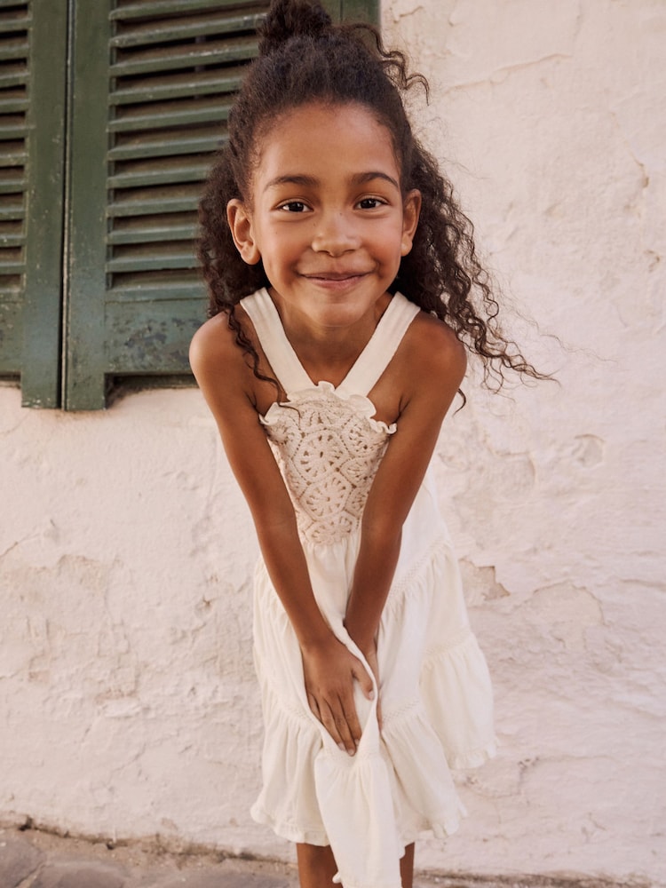 Ecru 100% Cotton Halter Next Crochet Trim Dress (3-16yrs) - Image 4 of 10