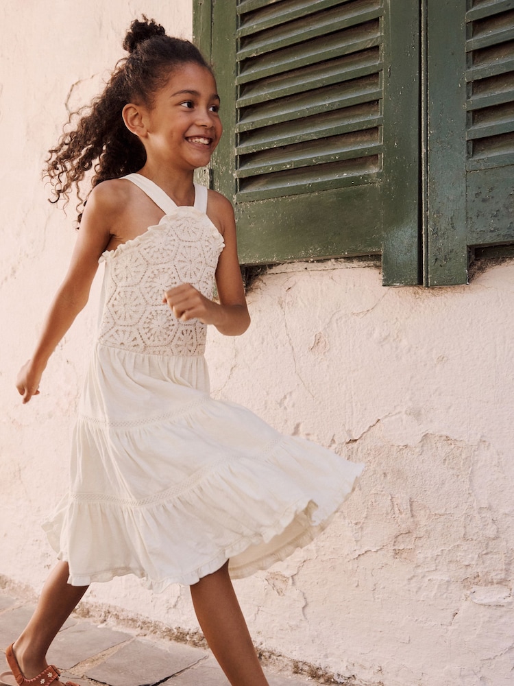 Ecru 100% Cotton Halter Next Crochet Trim Dress (3-16yrs) - Image 5 of 10