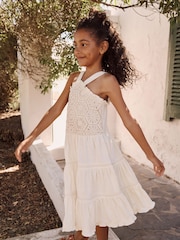 Ecru 100% Cotton Halter Next Crochet Trim Dress (3-16yrs) - Image 6 of 10