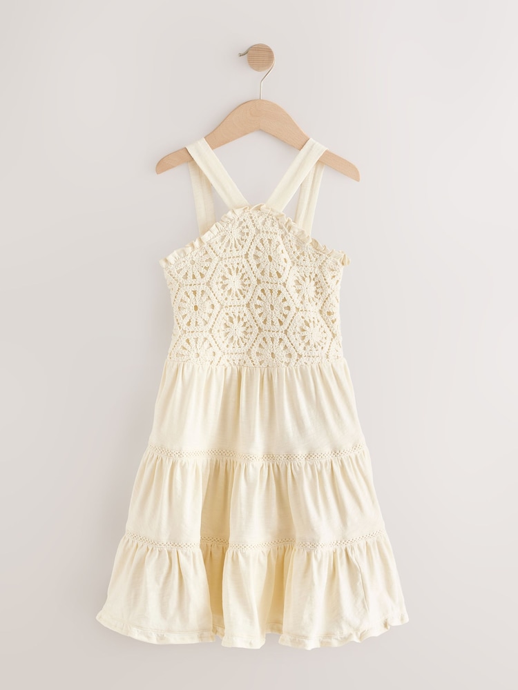 Ecru 100% Cotton Halter Next Crochet Trim Dress (3-16yrs) - Image 7 of 10