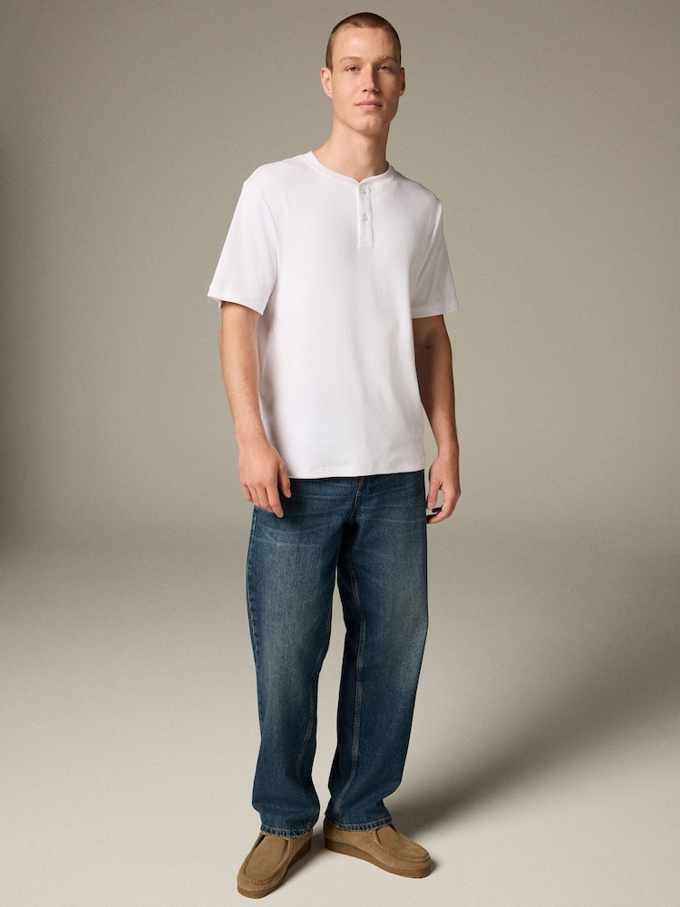 Weiß - Ribbed Textured Grandad Neck T-Shirt - Bild 2 von 8