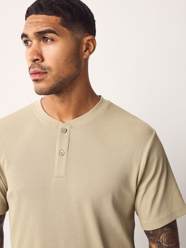 Neutral Stone Ribbed Textured Grandad Neck T-Shirt - Image 1 of 7
