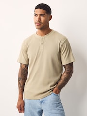 Neutral Stone Ribbed Textured Grandad Neck T-Shirt - Image 3 of 7