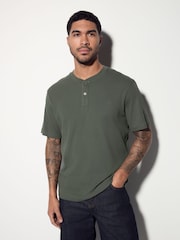 Green Ribbed Textured Grandad Neck T-Shirt - Image 4 of 7