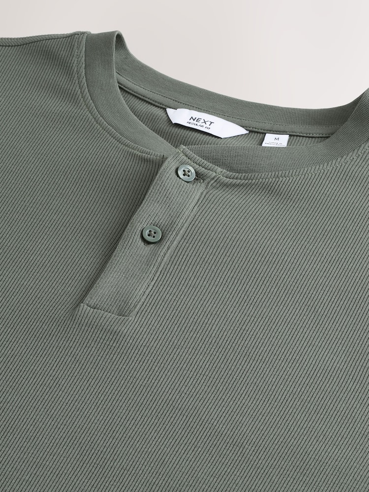Green Ribbed Textured Grandad Neck T-Shirt - Image 7 of 7