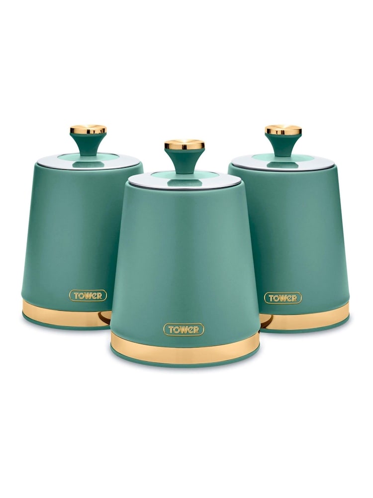 Tower Set of 3 Jade with Champagne Gold Cavaletto Storage Canisters - Image 1 of 8