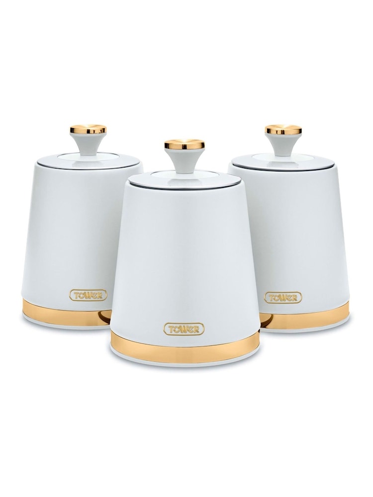 Tower Set of 3 Optic White with Champagne Gold Cavaletto Storage Canisters - Image 1 of 2