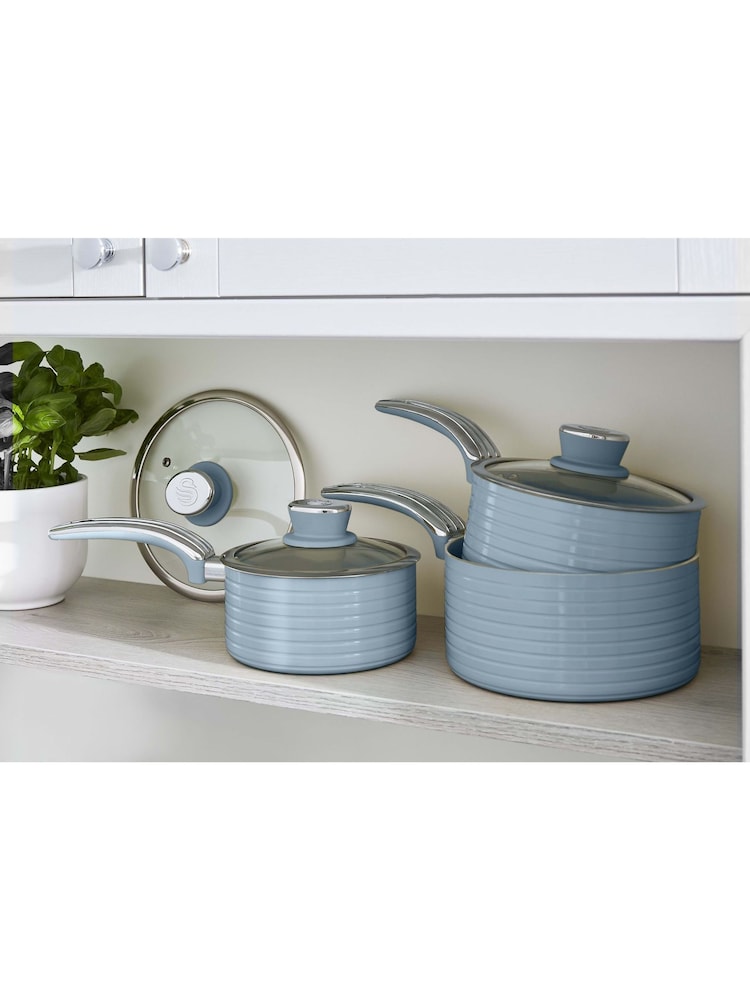 Swan 3 Piece Blue Retro Saucepan Set - Image 1 of 9