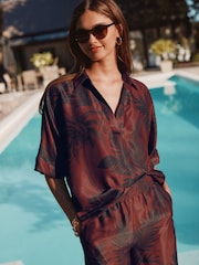 Brown/Navy Palm Print V-Neck Collared Satin Shirt - Image 1 of 9