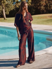Brown/Navy Palm Print V-Neck Collared Satin Shirt - Image 2 of 9
