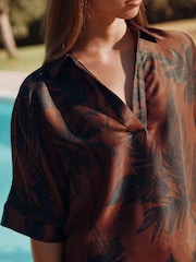 Brown/Navy Palm Print V-Neck Collared Satin Shirt - Image 3 of 9